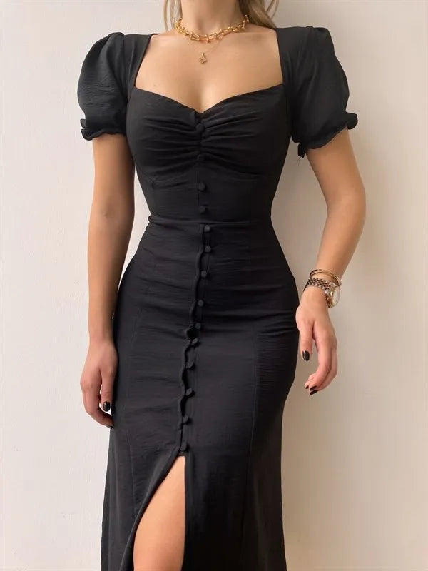 Fashion Bandage Bodycon Dresses For Women Puff Short Sleeves Sexy Low Cut Slim A-line Dress Elegant Ladies Vestidos 2023 Summer