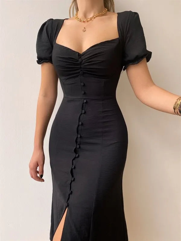 Fashion Bandage Bodycon Dresses For Women Puff Short Sleeves Sexy Low Cut Slim A-line Dress Elegant Ladies Vestidos 2023 Summer