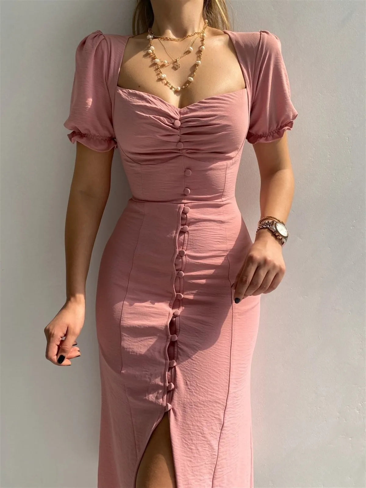 Fashion Bandage Bodycon Dresses For Women Puff Short Sleeves Sexy Low Cut Slim A-line Dress Elegant Ladies Vestidos 2023 Summer